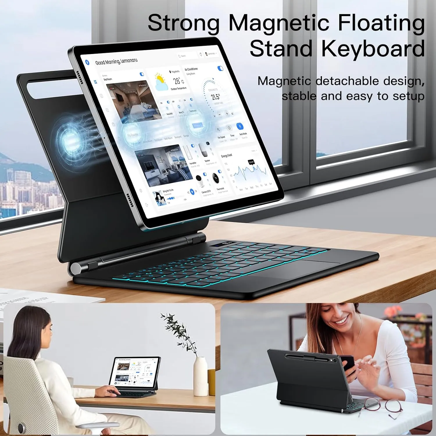 JUQITECH Magic Keyboard Case for Samsung Galaxy Tab S10 FE S9 FE 5G 10.9" S9 S8 S7 11", Floating Cantilever Magnetic Stand Wireless Backlit Trackpad Keyboard, Shortcut Keys S Pen Slot Battery Display