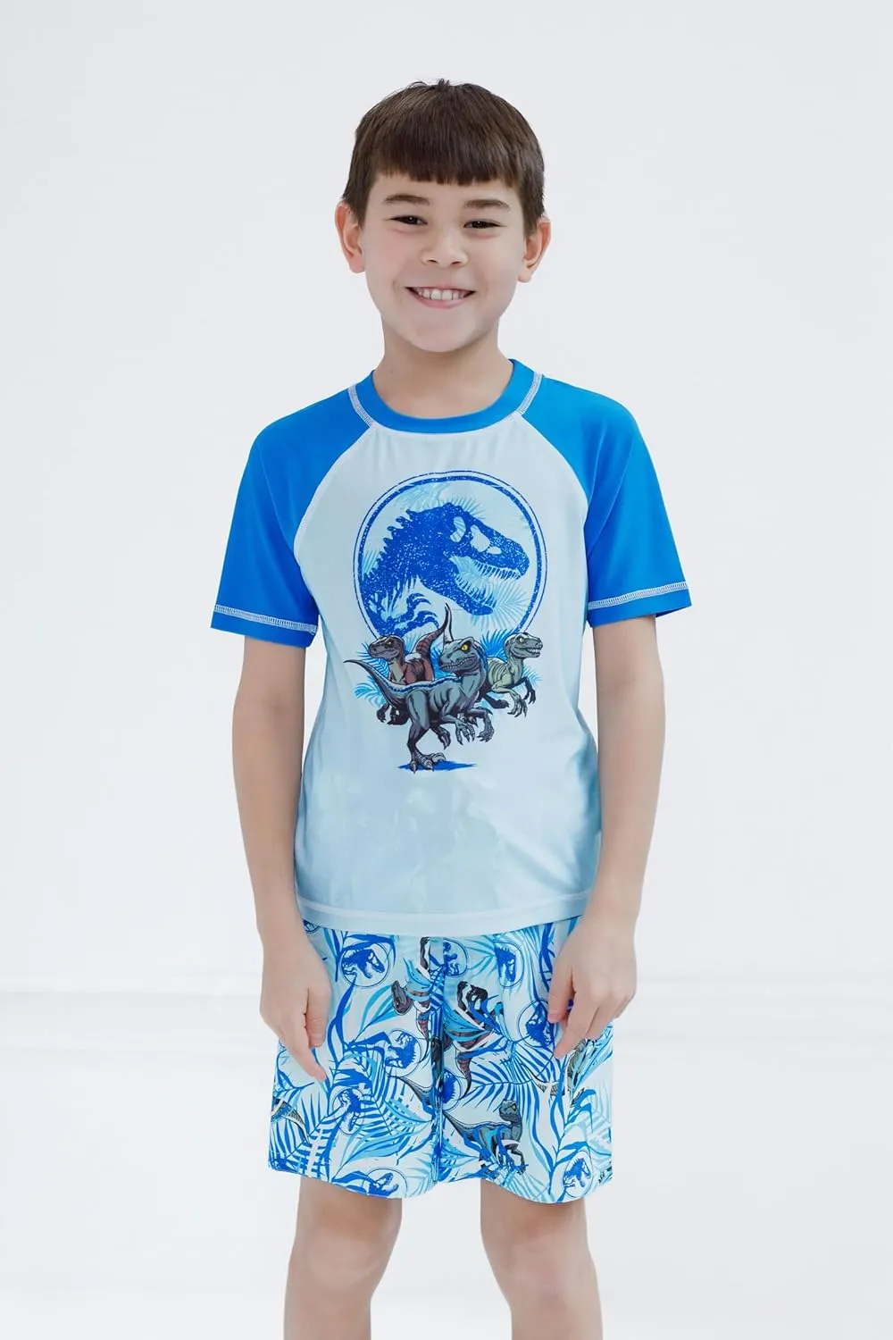 Jurassic World Dinosaur UPF 50  Rash Guard and Swim Trunks Outfit Set Little Kid to Big Kid Sizes (4-14-16)