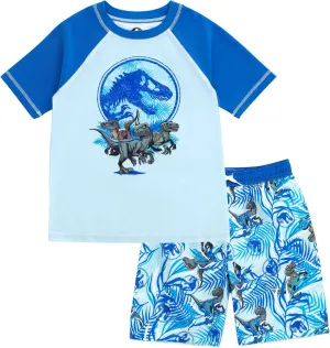 Jurassic World Dinosaur UPF 50  Rash Guard and Swim Trunks Outfit Set Little Kid to Big Kid Sizes (4-14-16)