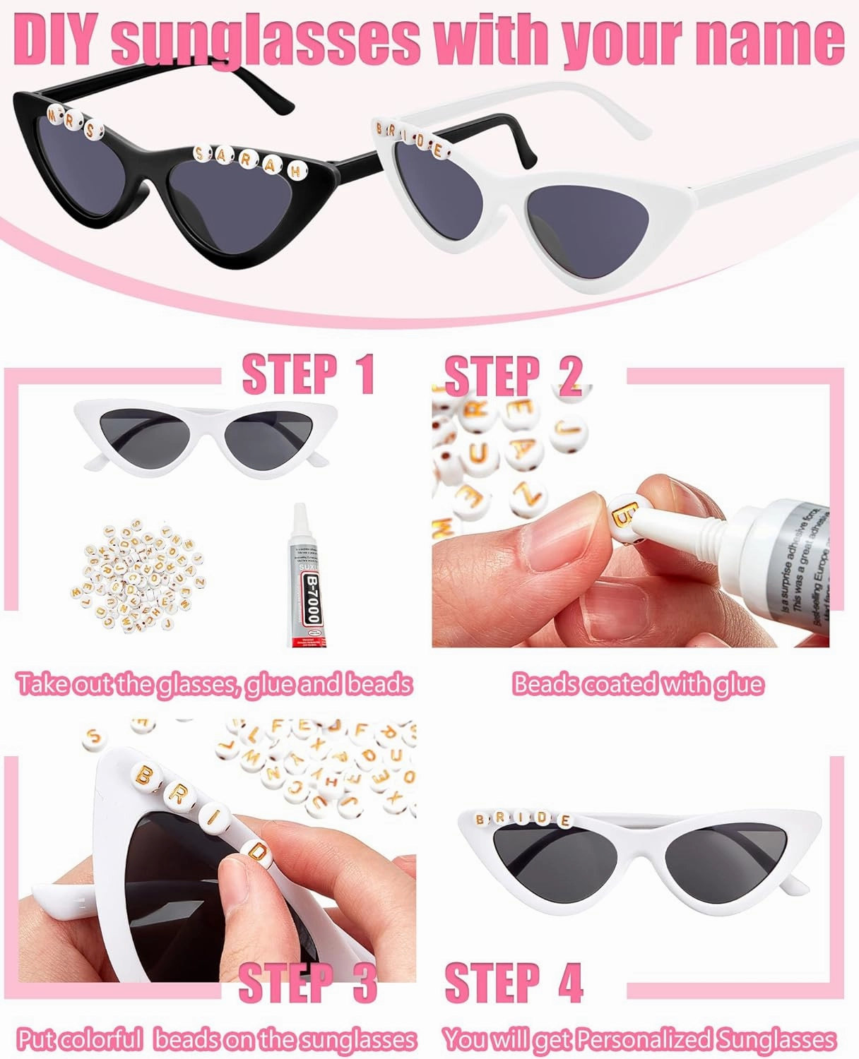 Kanayu 12 Pcs Bachelorette Sunglasses Bride Bridesmaid Sunglasses Cat Eye Sunglasses 200 Pcs Letter Beads for Wedding Favors