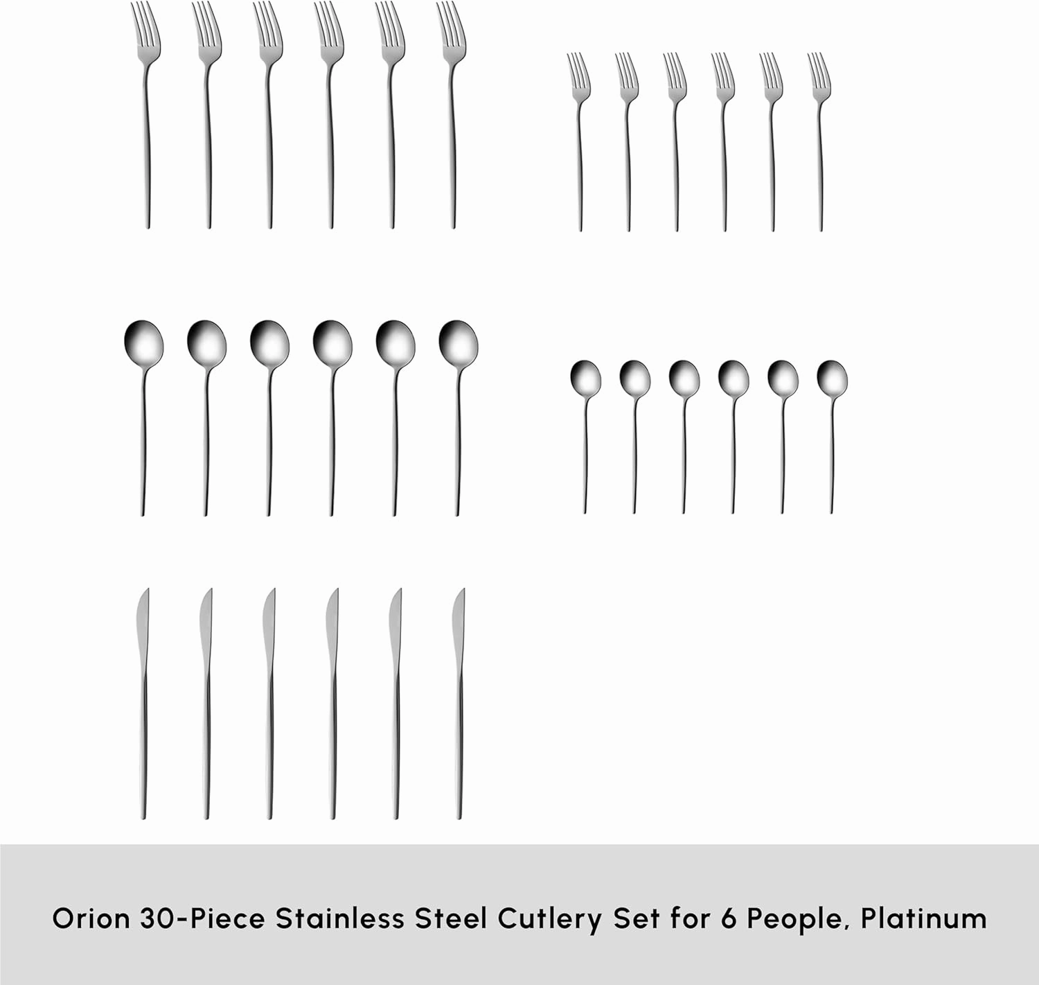Karaca Orion 30-Piece Cutlery Set for 6 People - 18/10 Stainless Steel Set, Tableware Flatware Silverware Set with Knife Fork Spoon Set, Mixed & Luxury Cutlery Set, Platinum
