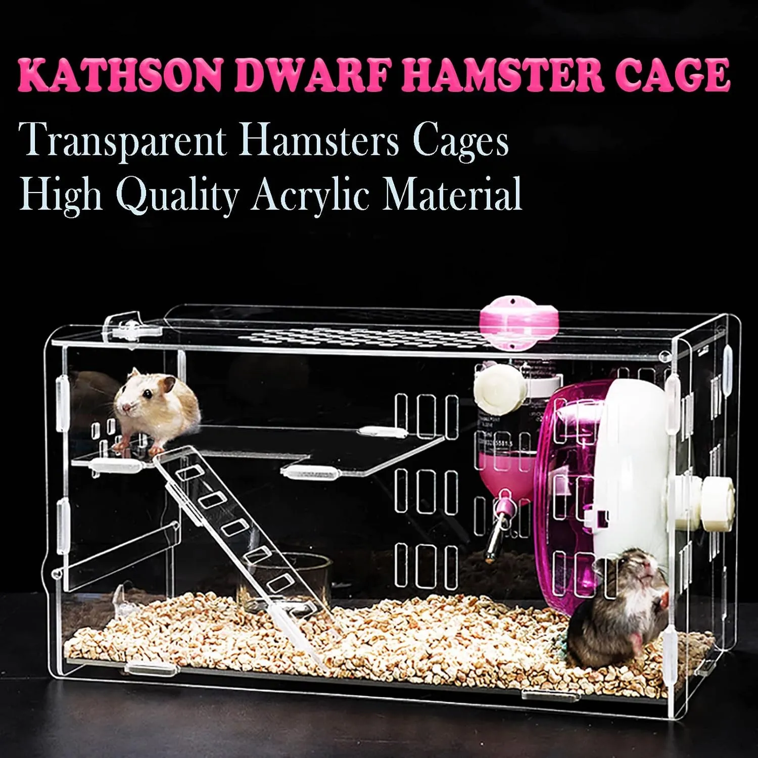 kathson Dwarf Hamster Cage Transparent Hamsters Cages and Habitats Small Animal Gerbils Acrylic Cage Cute Mini Pet Habitat with Accessories Exercise Wheel Water Bottle Food Bowl for Little Hamsters