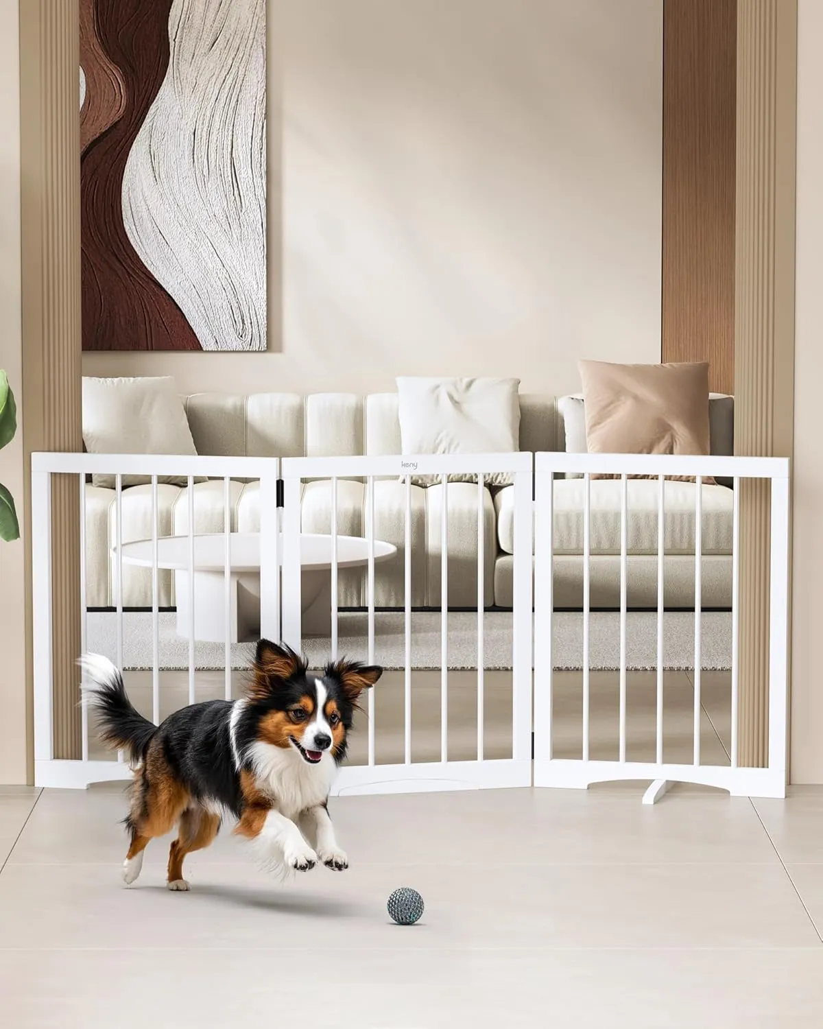 keny Dog Gate Indoor, 3 Panel Freestanding Dog Gates with Support Feet for Stairs, Pet Gates for Doorways Hallways, Folding Pet Barrier for Puppy Sturdy, 53" L x 24" H White