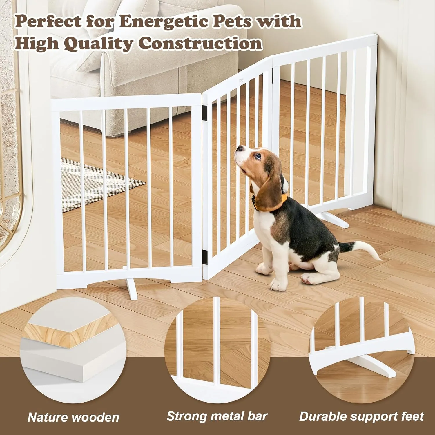 keny Dog Gate Indoor, 3 Panel Freestanding Dog Gates with Support Feet for Stairs, Pet Gates for Doorways Hallways, Folding Pet Barrier for Puppy Sturdy, 53" L x 24" H White