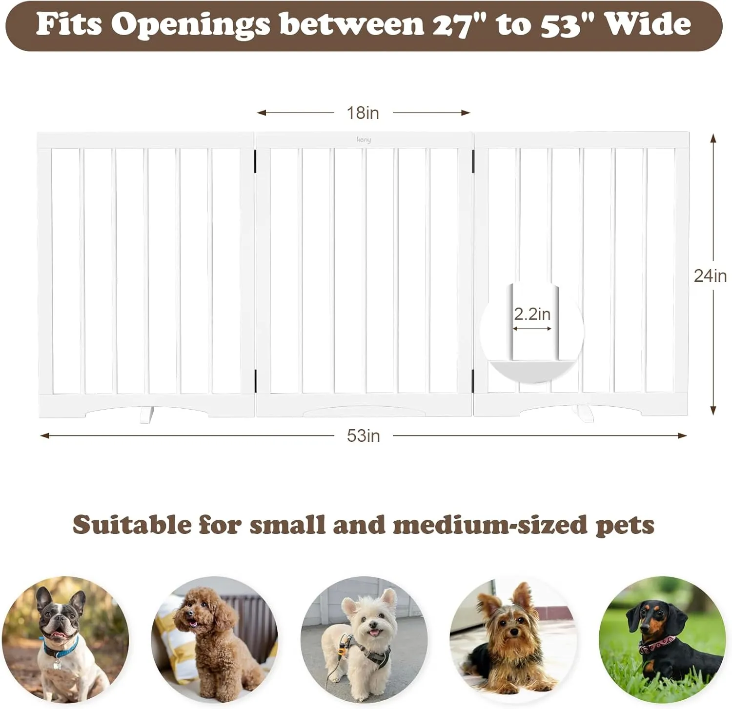 keny Dog Gate Indoor, 3 Panel Freestanding Dog Gates with Support Feet for Stairs, Pet Gates for Doorways Hallways, Folding Pet Barrier for Puppy Sturdy, 53" L x 24" H White