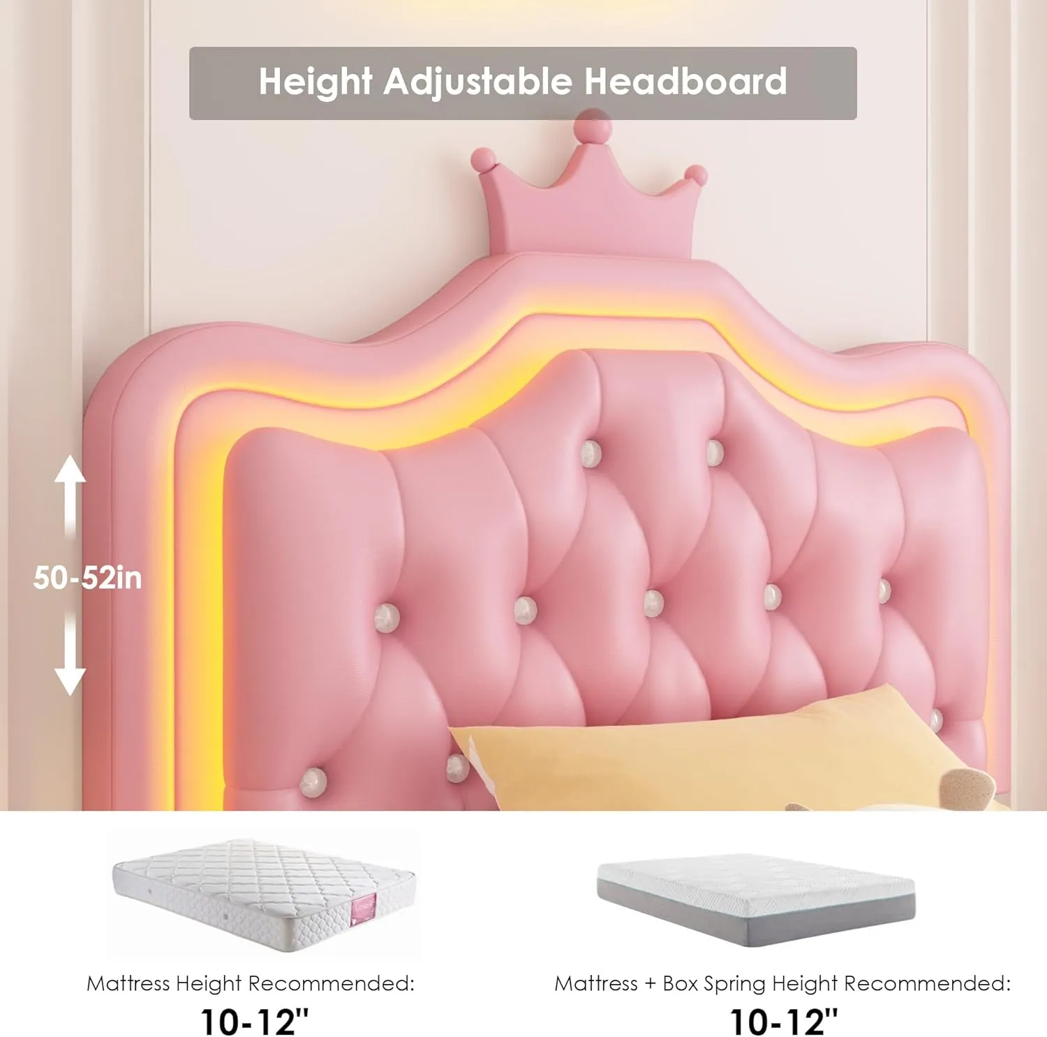 Keyluv Twin Upholstered LED Bed Frame with Storage Drawer, Leather Princess Platform Bed with Adjustable Crystal Button Tufted Crown Headboard, Solid Wooden Slats Support, No Box Spring Needed, Pink