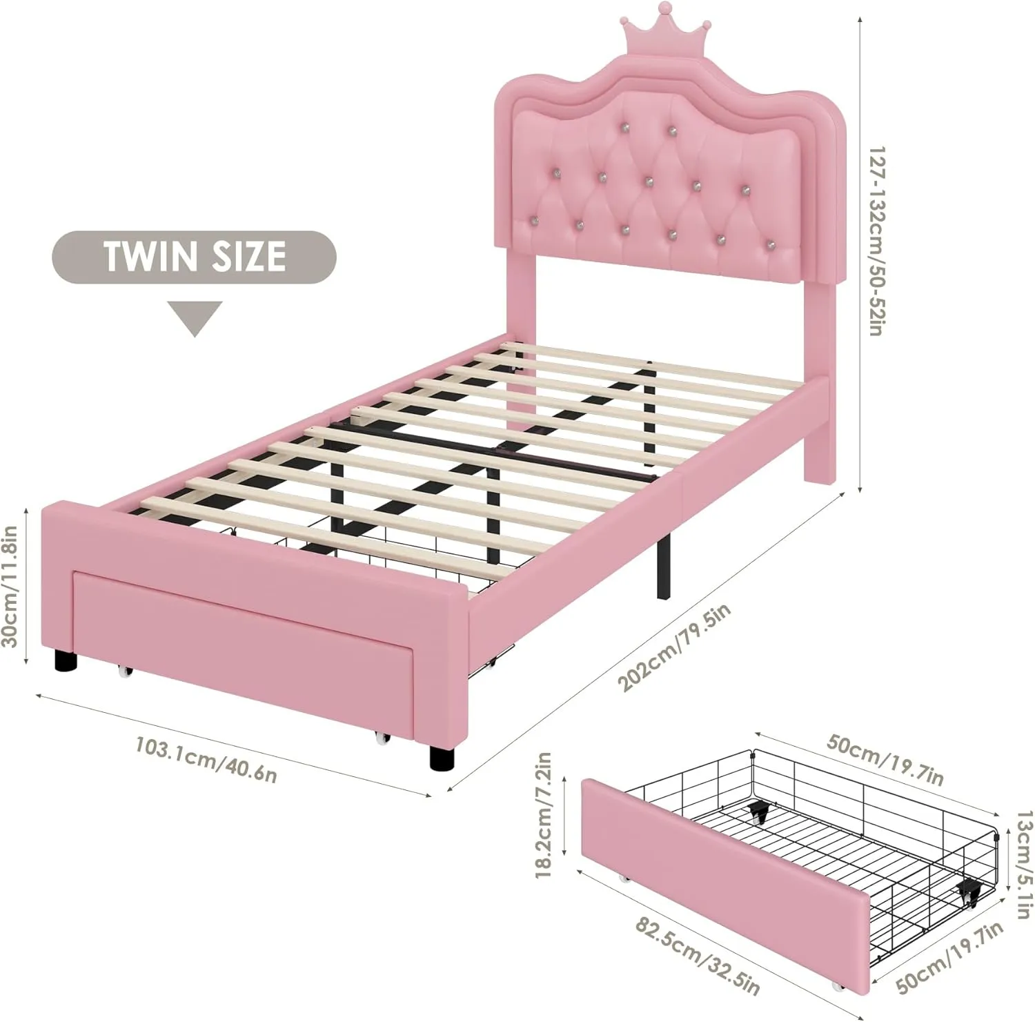 Keyluv Twin Upholstered LED Bed Frame with Storage Drawer, Leather Princess Platform Bed with Adjustable Crystal Button Tufted Crown Headboard, Solid Wooden Slats Support, No Box Spring Needed, Pink