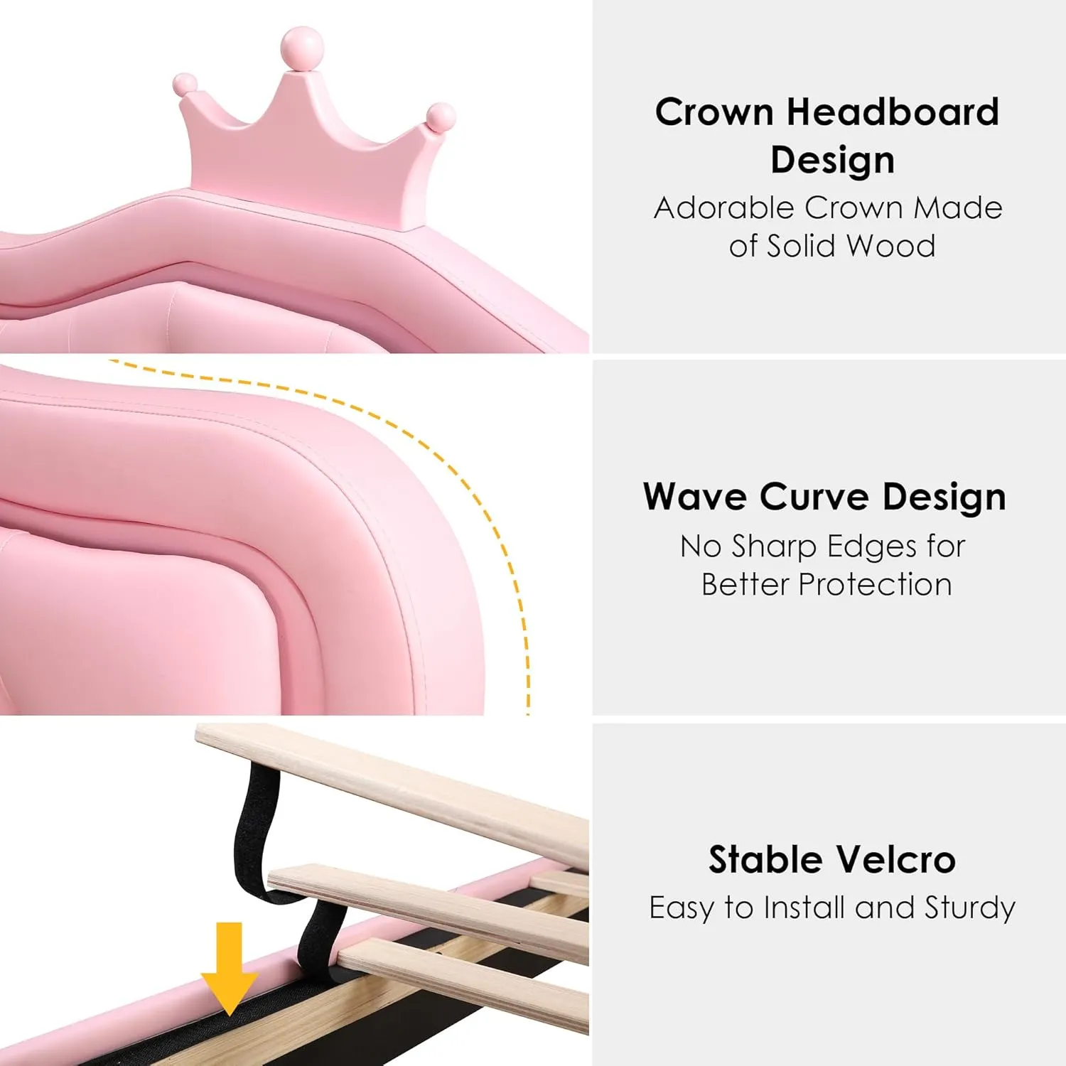 Keyluv Twin Upholstered LED Bed Frame with Storage Drawer, Leather Princess Platform Bed with Adjustable Crystal Button Tufted Crown Headboard, Solid Wooden Slats Support, No Box Spring Needed, Pink