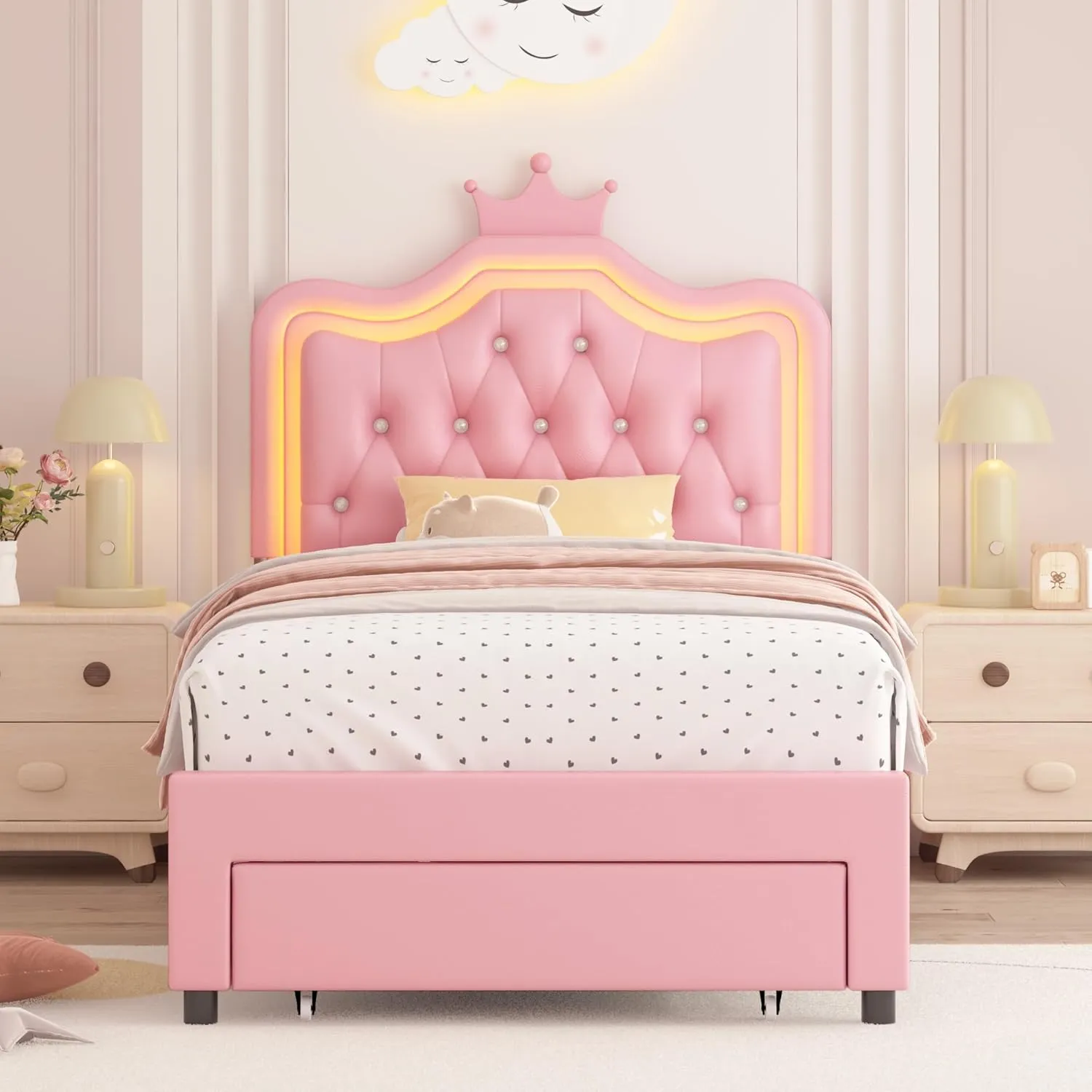 Keyluv Twin Upholstered LED Bed Frame with Storage Drawer, Leather Princess Platform Bed with Adjustable Crystal Button Tufted Crown Headboard, Solid Wooden Slats Support, No Box Spring Needed, Pink
