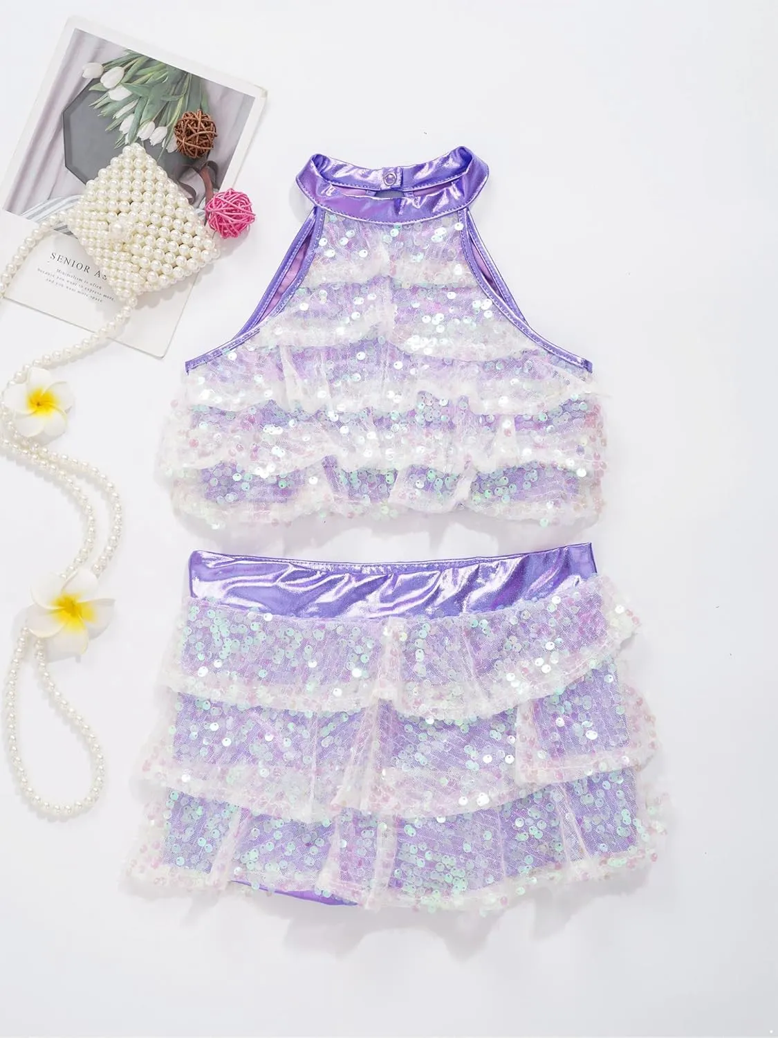 Kids Girls 2PCs Dance Outfits Sequins Halter Neck Crop Top with Layered Skirts Jazz Latin Performance Costumes