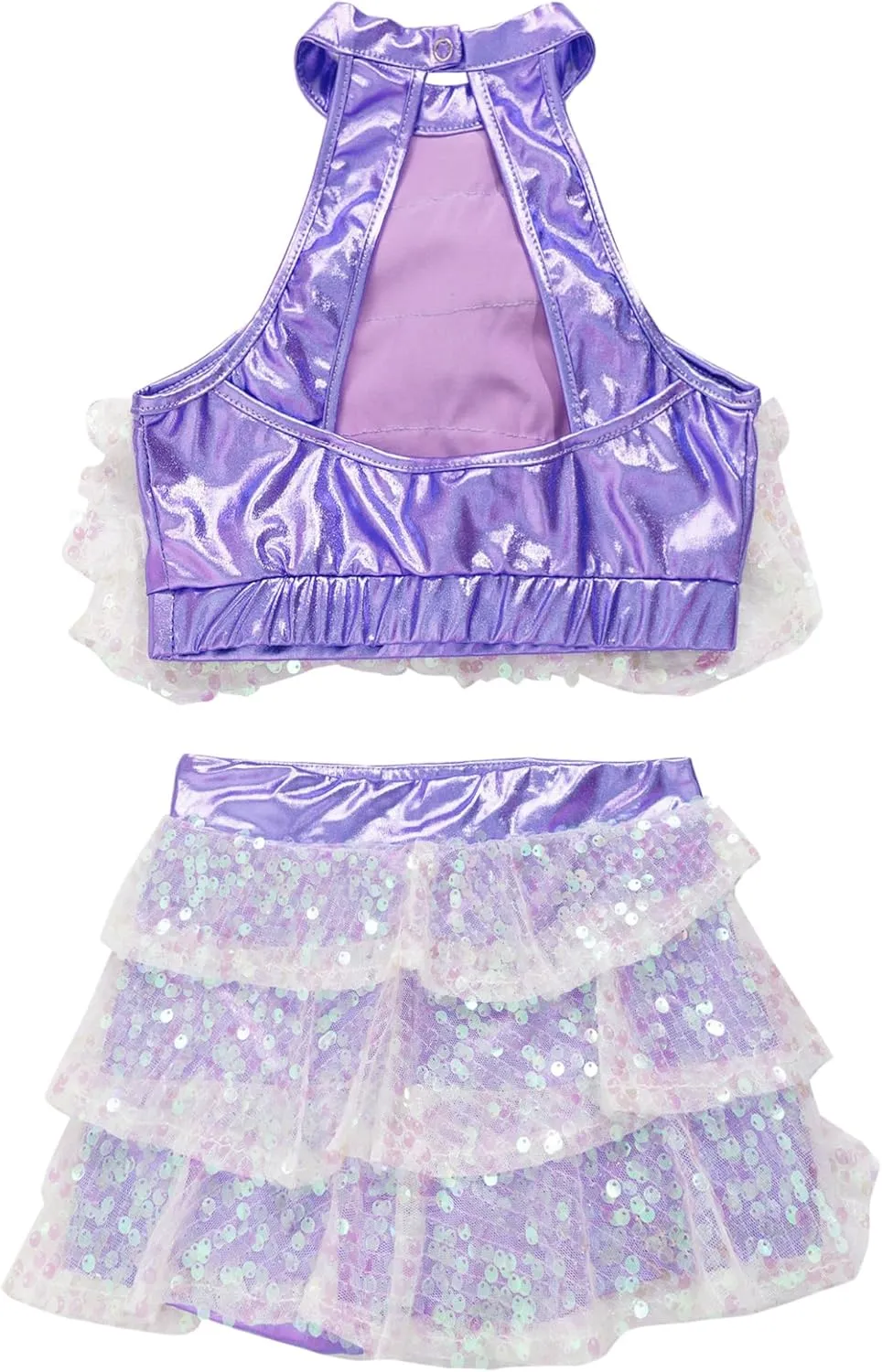 Kids Girls 2PCs Dance Outfits Sequins Halter Neck Crop Top with Layered Skirts Jazz Latin Performance Costumes