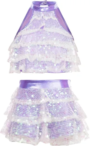 Kids Girls 2PCs Dance Outfits Sequins Halter Neck Crop Top with Layered Skirts Jazz Latin Performance Costumes