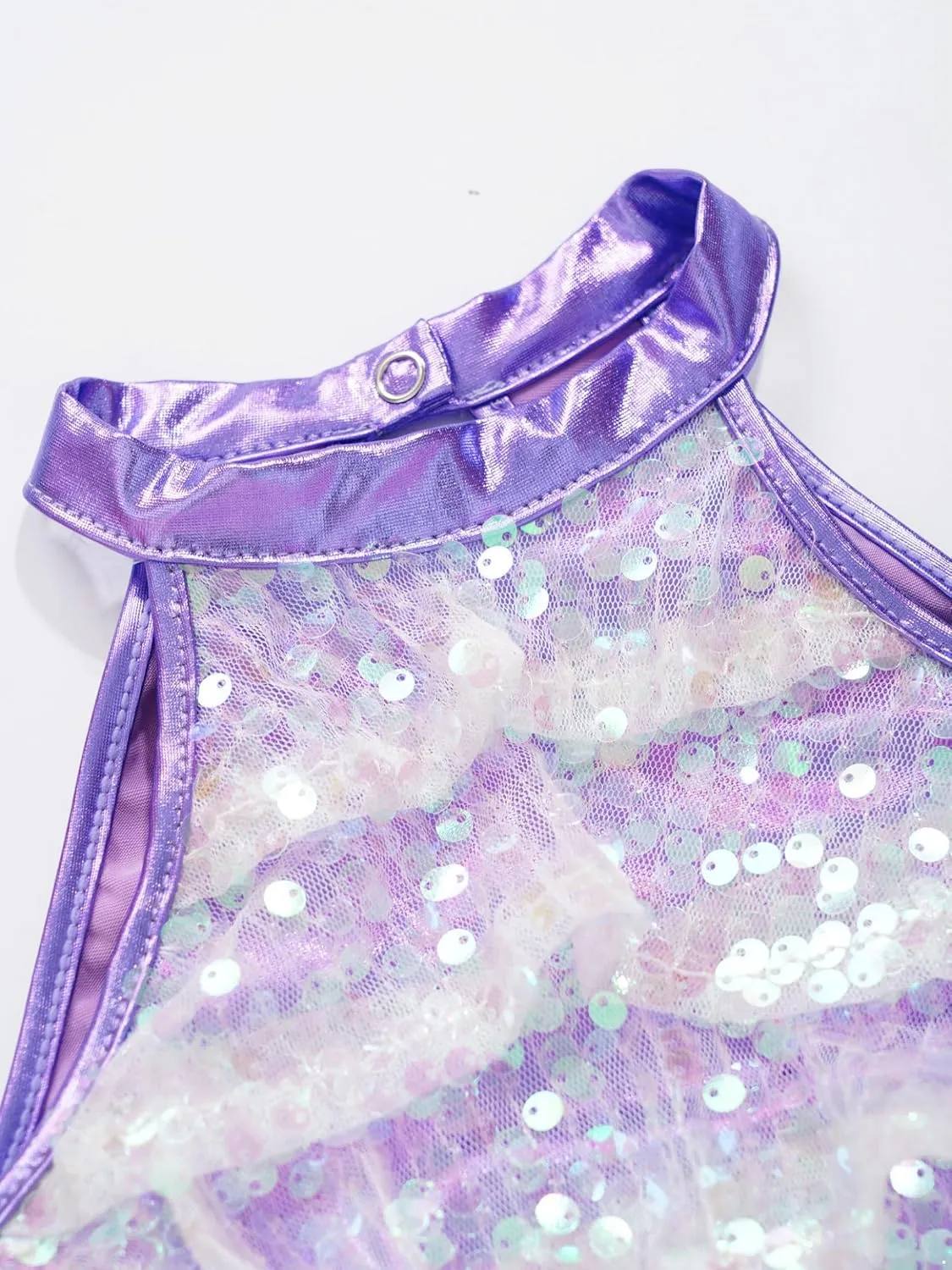 Kids Girls 2PCs Dance Outfits Sequins Halter Neck Crop Top with Layered Skirts Jazz Latin Performance Costumes