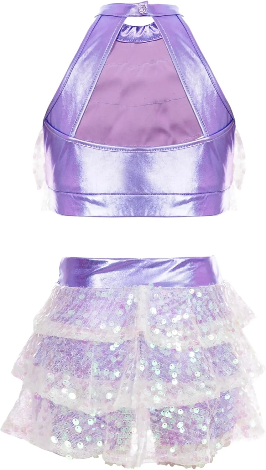 Kids Girls 2PCs Dance Outfits Sequins Halter Neck Crop Top with Layered Skirts Jazz Latin Performance Costumes