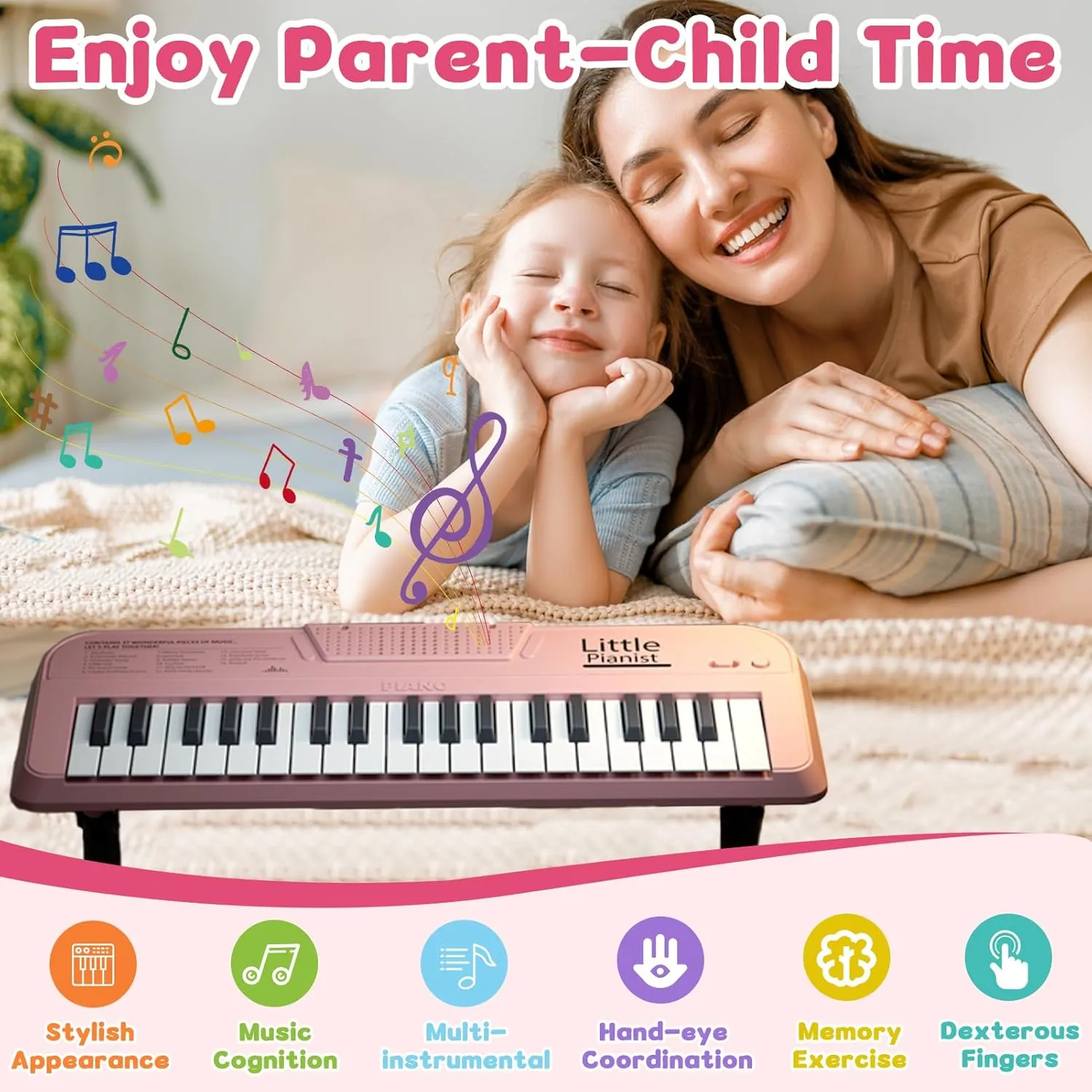 Kids Piano Keyboard Toys for Girls, 37 Keys Pink Music Piano with Song Sheet Music Stand & DIY Keyboard Stickers, Electronic Instruments Portable for Toddler 1-3, 1st Birthday Gifts for Girl Age 2 3 4