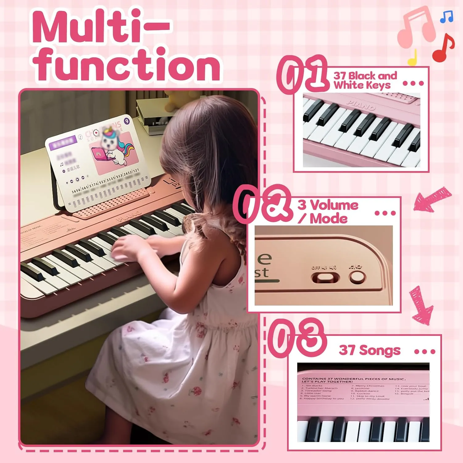 Kids Piano Keyboard Toys for Girls, 37 Keys Pink Music Piano with Song Sheet Music Stand & DIY Keyboard Stickers, Electronic Instruments Portable for Toddler 1-3, 1st Birthday Gifts for Girl Age 2 3 4