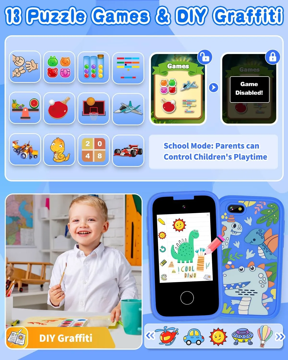 Kids Smart Phone Toy for Boys 3 4 5 6 7 Year Old, Touchscreen Toy Phone with Dual Camera Music Player Games ABCS Habit Tracker Dinosaur Toys for Kids 3-5 Christmas Birthday Gifts Ideas with 8G SD Card
