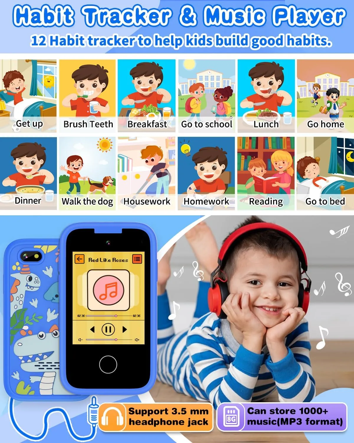 Kids Smart Phone Toy for Boys 3 4 5 6 7 Year Old, Touchscreen Toy Phone with Dual Camera Music Player Games ABCS Habit Tracker Dinosaur Toys for Kids 3-5 Christmas Birthday Gifts Ideas with 8G SD Card