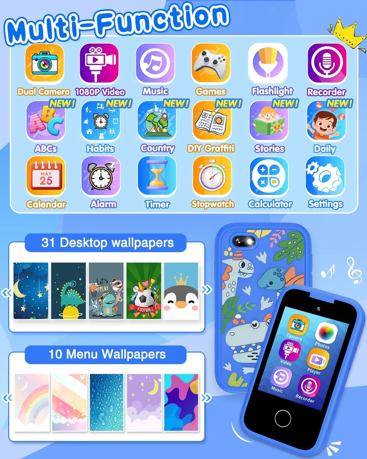 Kids Smart Phone Toy for Boys 3 4 5 6 7 Year Old, Touchscreen Toy Phone with Dual Camera Music Player Games ABCS Habit Tracker Dinosaur Toys for Kids 3-5 Christmas Birthday Gifts Ideas with 8G SD Card