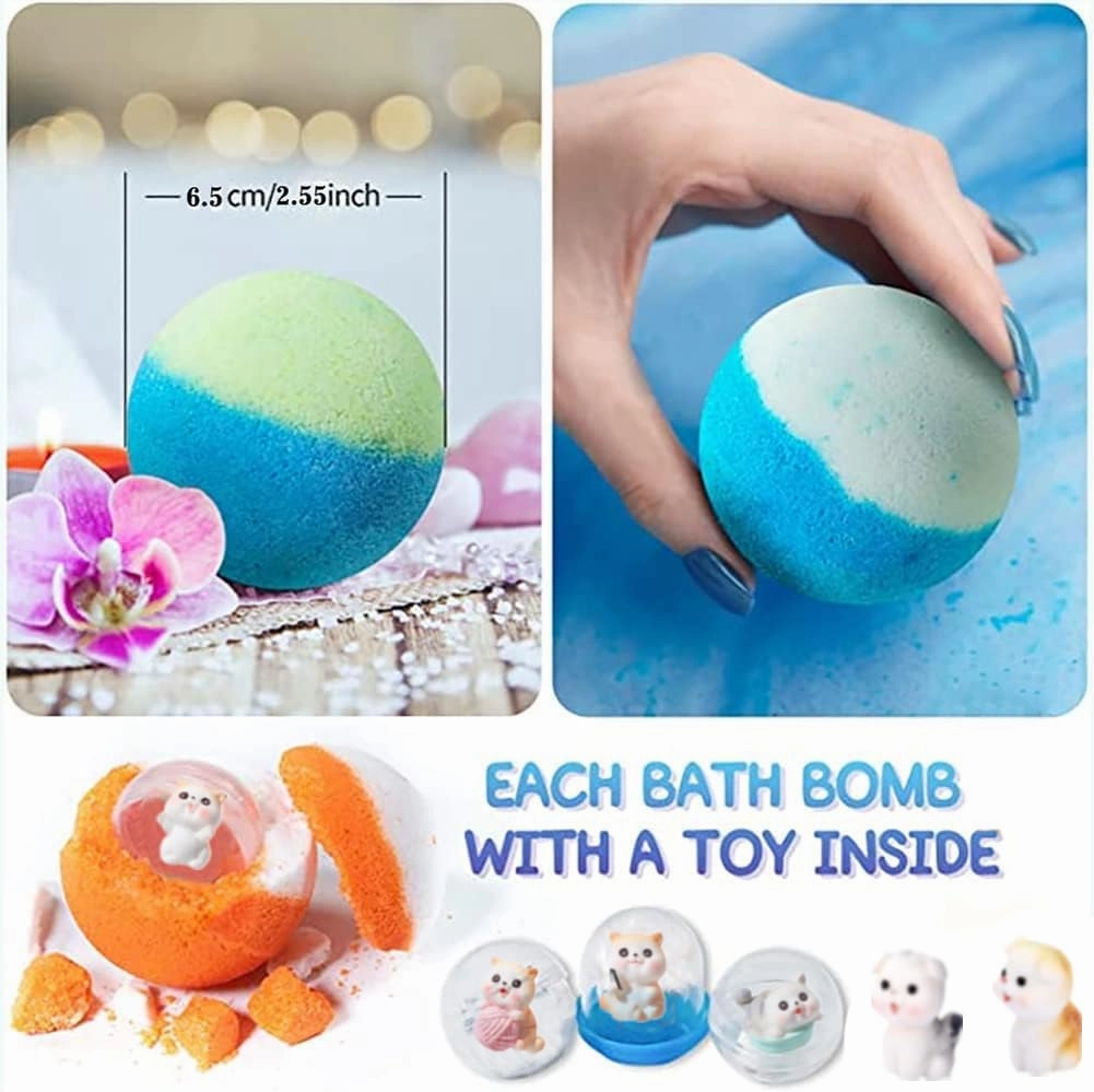 Kids Bath Bombs with Surprise Inside, 20 Pack Bring Dog and cat Toys Gift Set, Natural Organic Bubble Bath Foam Bath。