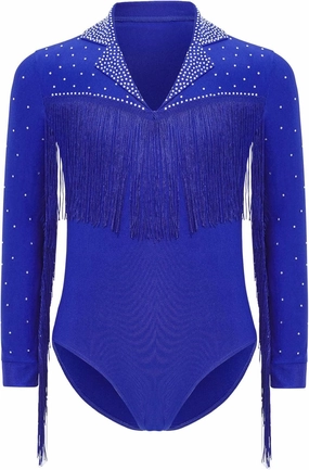Kids Boys Sparkly Latin Dance Fringe Shirt Long Sleeve Bodysuit Tassel Modern Rumba Samba Dance Leotard