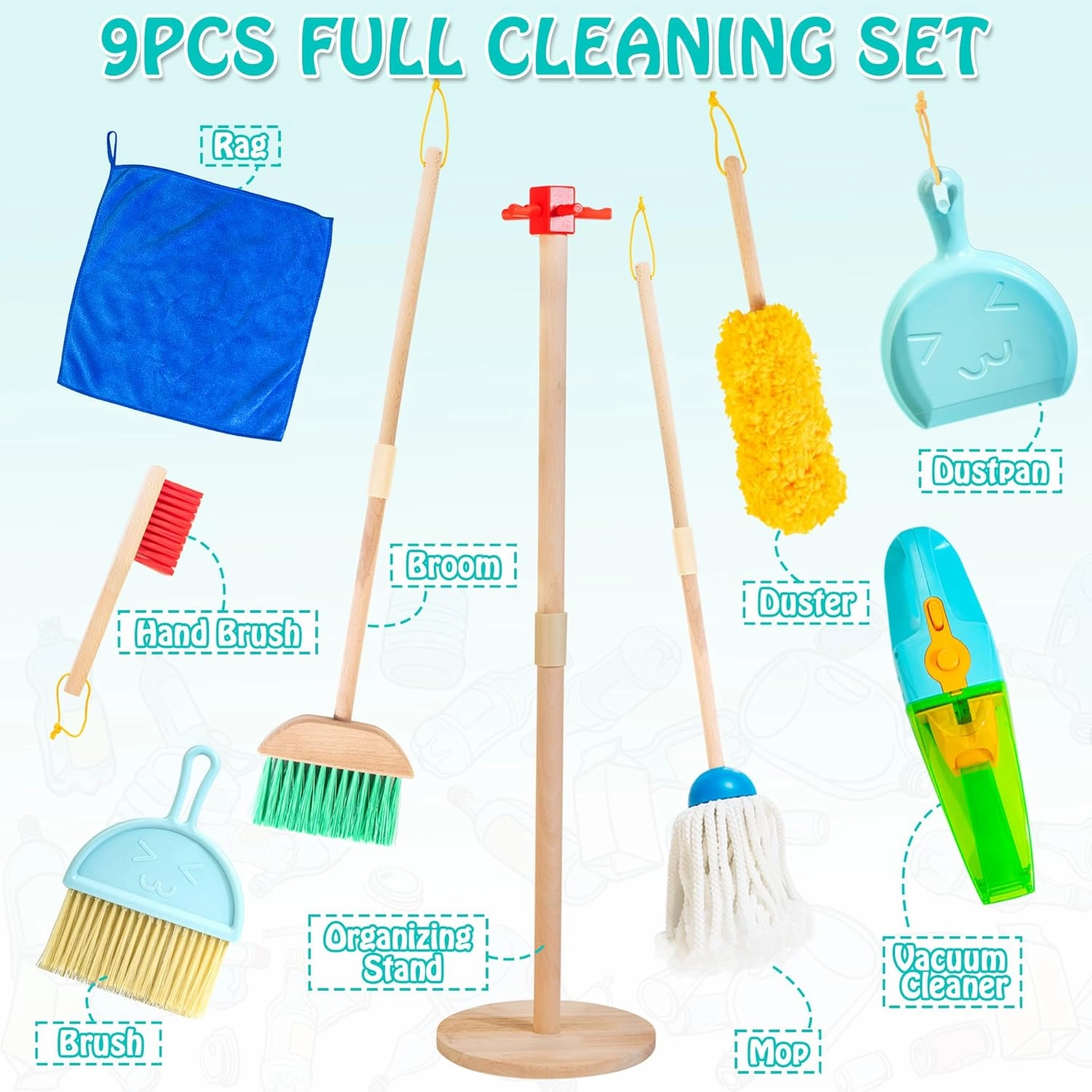 Kids Cleaning Set with Electric Vacuum Cleaners, Pretend Play Housekeeping Set, Toddler Cleaning Toys for Girls Boys Age 3 