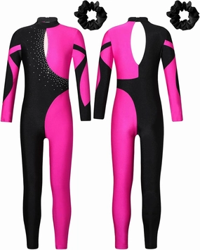 Kids Girls Figure Ice Skating Jumpsuit Long Sleeves Gymnastics Leotards Bodysuit Full Body Dance Unitards
