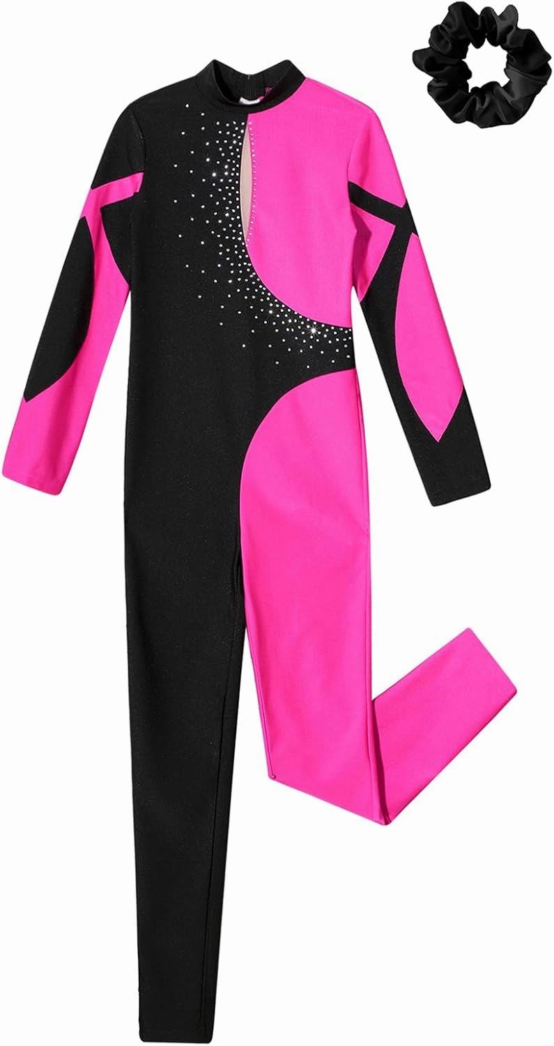Kids Girls Figure Ice Skating Jumpsuit Long Sleeves Gymnastics Leotards Bodysuit Full Body Dance Unitards