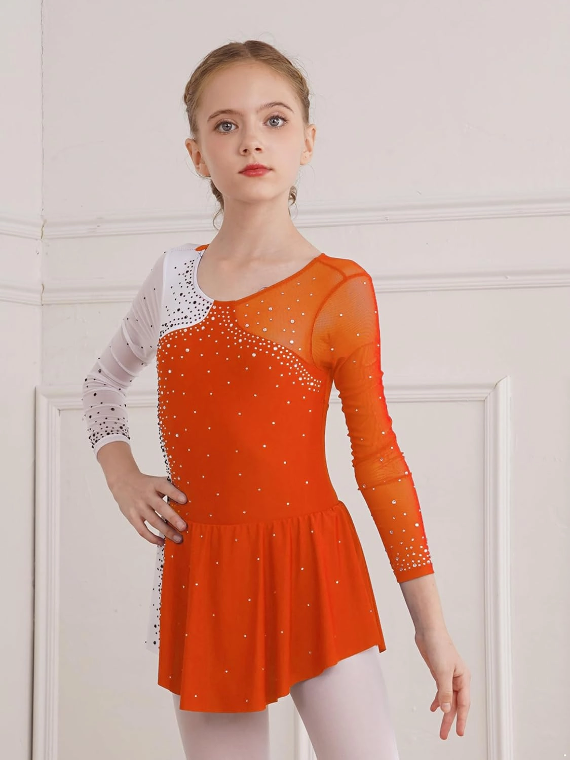 Kids Girls Long Sleeves Glitter Rhinestone Figure Skating Dress Dance Performance Costume