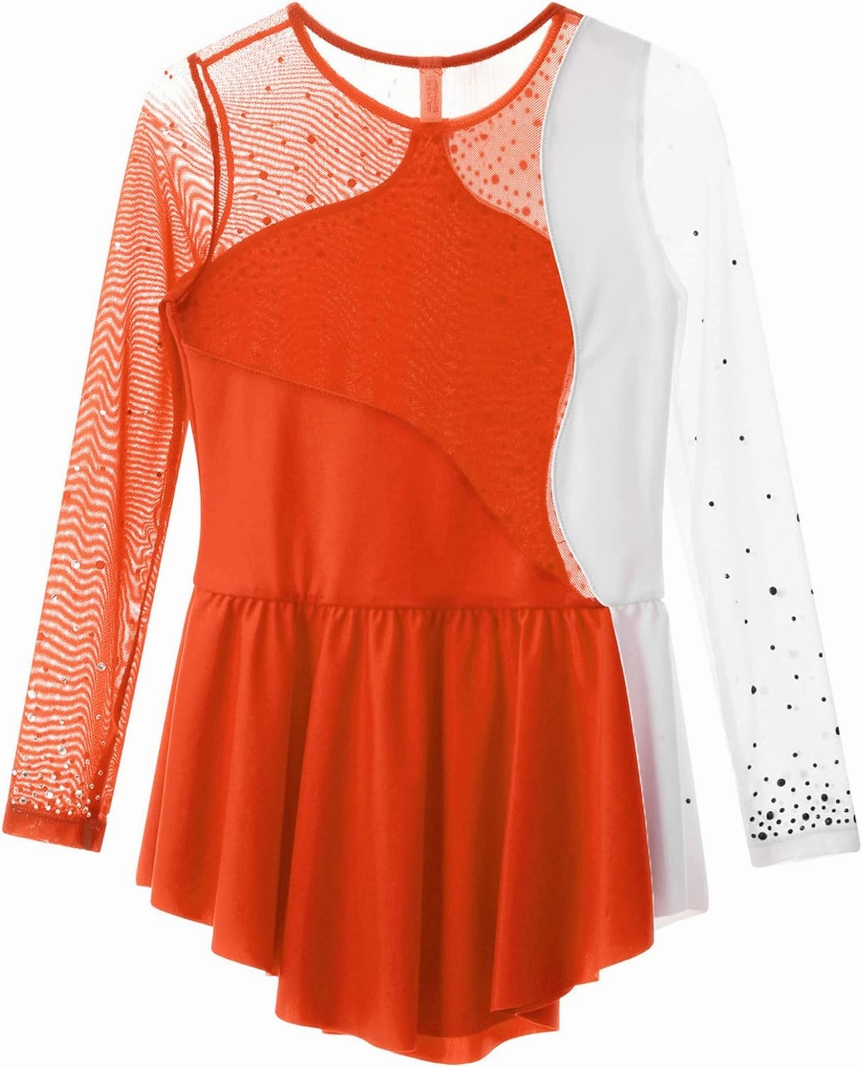 Kids Girls Long Sleeves Glitter Rhinestone Figure Skating Dress Dance Performance Costume