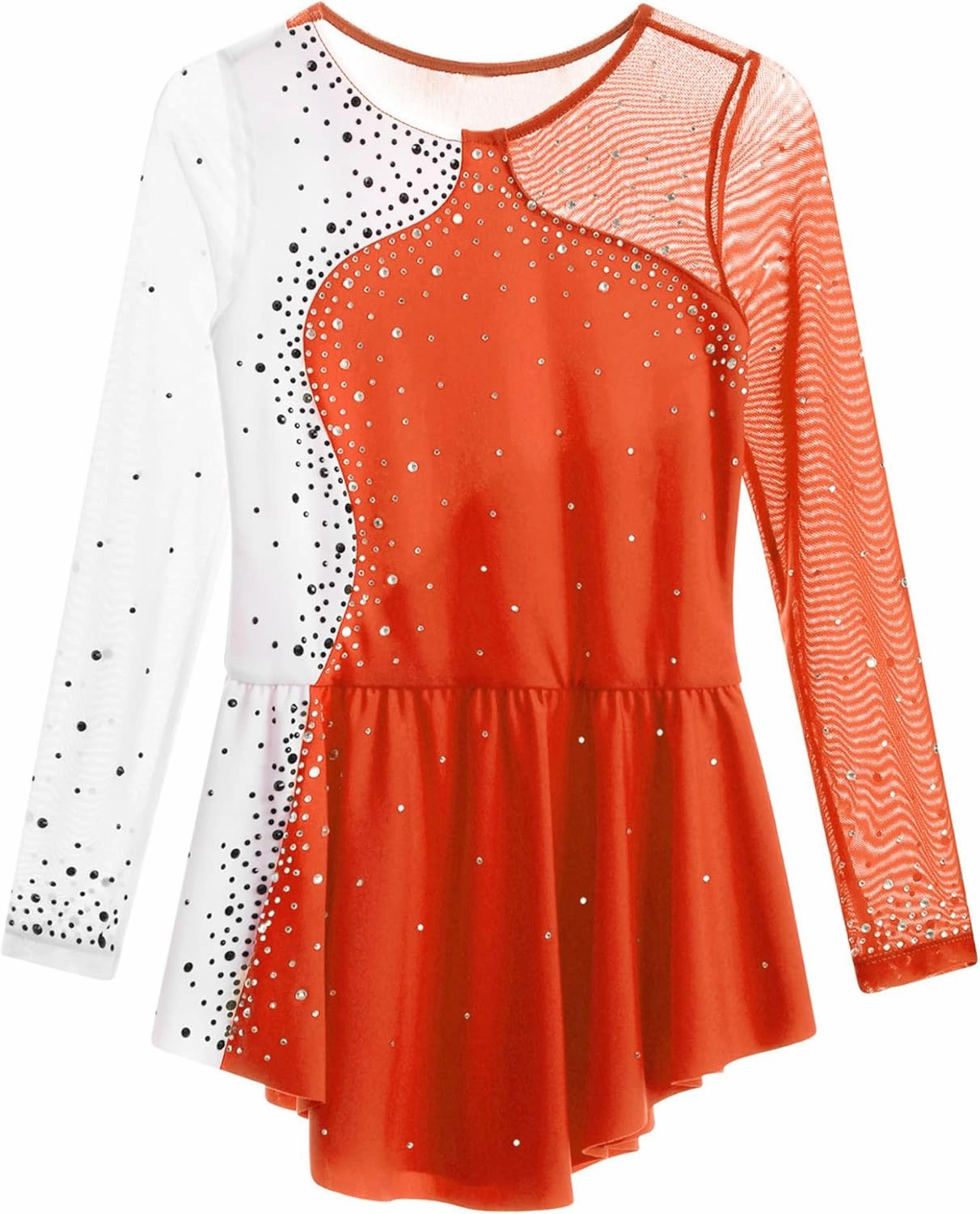 Kids Girls Long Sleeves Glitter Rhinestone Figure Skating Dress Dance Performance Costume