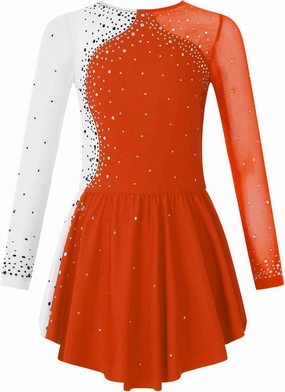Kids Girls Long Sleeves Glitter Rhinestone Figure Skating Dress Dance Performance Costume