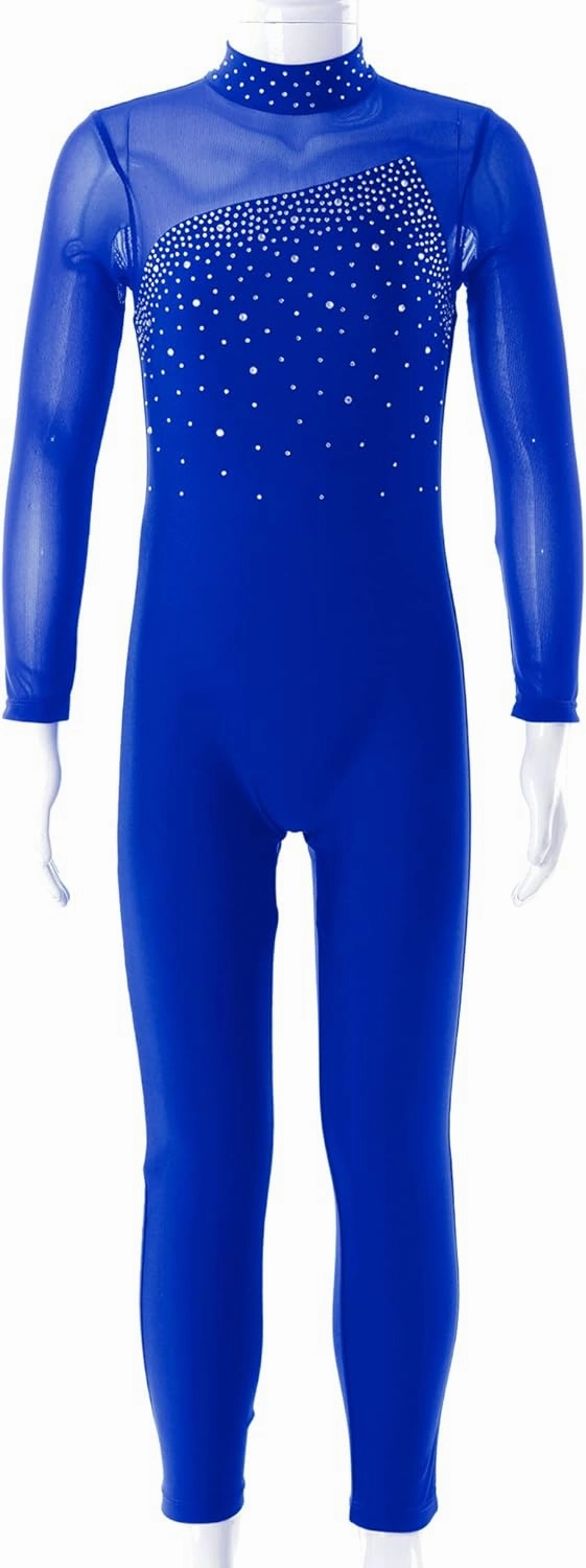 Kids Girls Long Sleeves Rhinestone Unitard Gymnastics Leotard Figure Ice Skating Bodysuit Jumpsuit