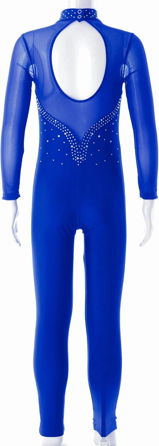 Kids Girls Long Sleeves Rhinestone Unitard Gymnastics Leotard Figure Ice Skating Bodysuit Jumpsuit