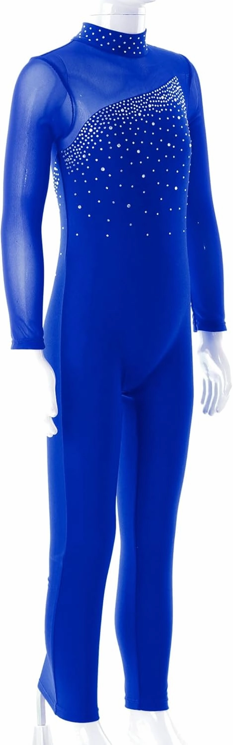 Kids Girls Long Sleeves Rhinestone Unitard Gymnastics Leotard Figure Ice Skating Bodysuit Jumpsuit