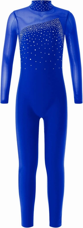 Kids Girls Long Sleeves Rhinestone Unitard Gymnastics Leotard Figure Ice Skating Bodysuit Jumpsuit