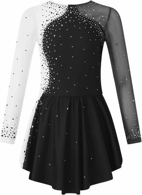 Kids Girls Rhinestone Ice Skating Dress Mesh Splice Long Sleeve Leotards Skirted Junior Figure Skating Costume