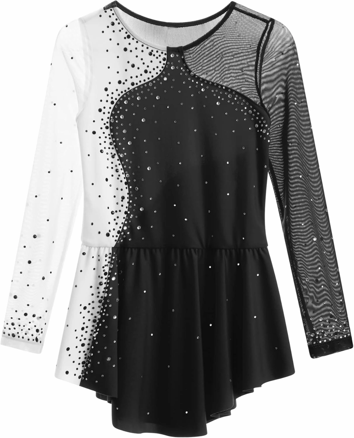 Kids Girls Rhinestone Ice Skating Dress Mesh Splice Long Sleeve Leotards Skirted Junior Figure Skating Costume