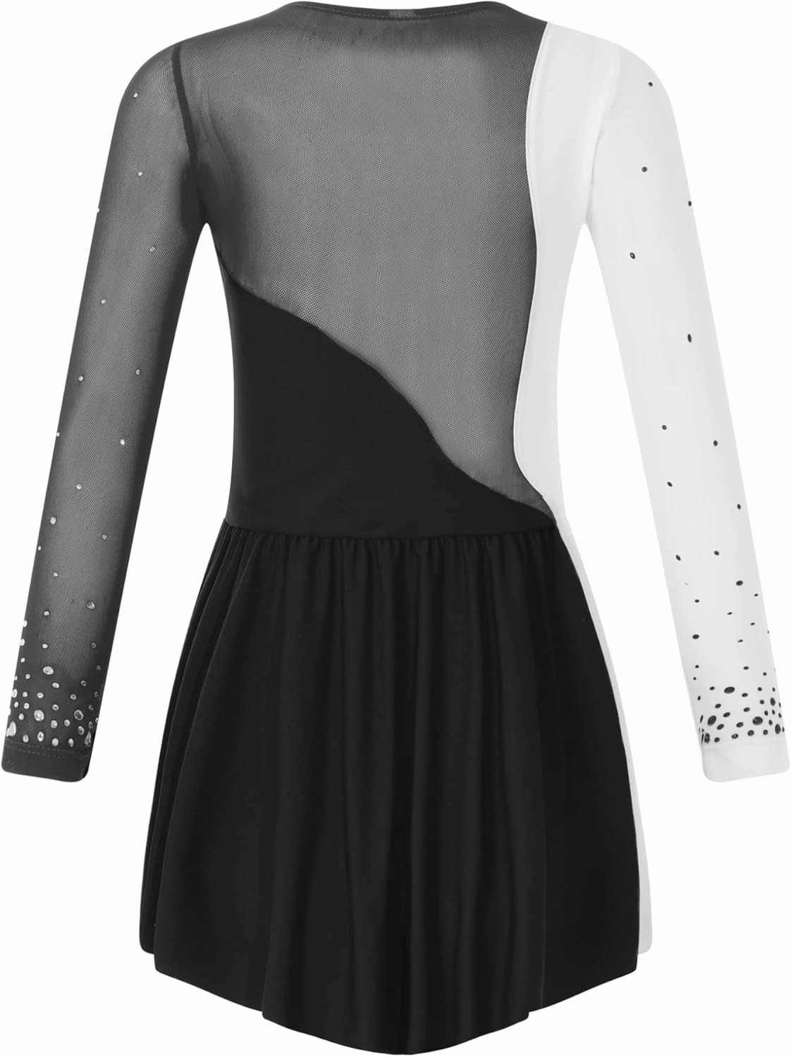 Kids Girls Rhinestone Ice Skating Dress Mesh Splice Long Sleeve Leotards Skirted Junior Figure Skating Costume