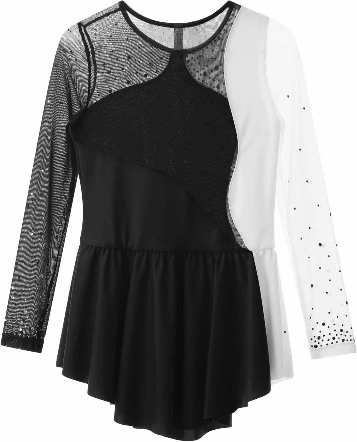Kids Girls Rhinestone Ice Skating Dress Mesh Splice Long Sleeve Leotards Skirted Junior Figure Skating Costume