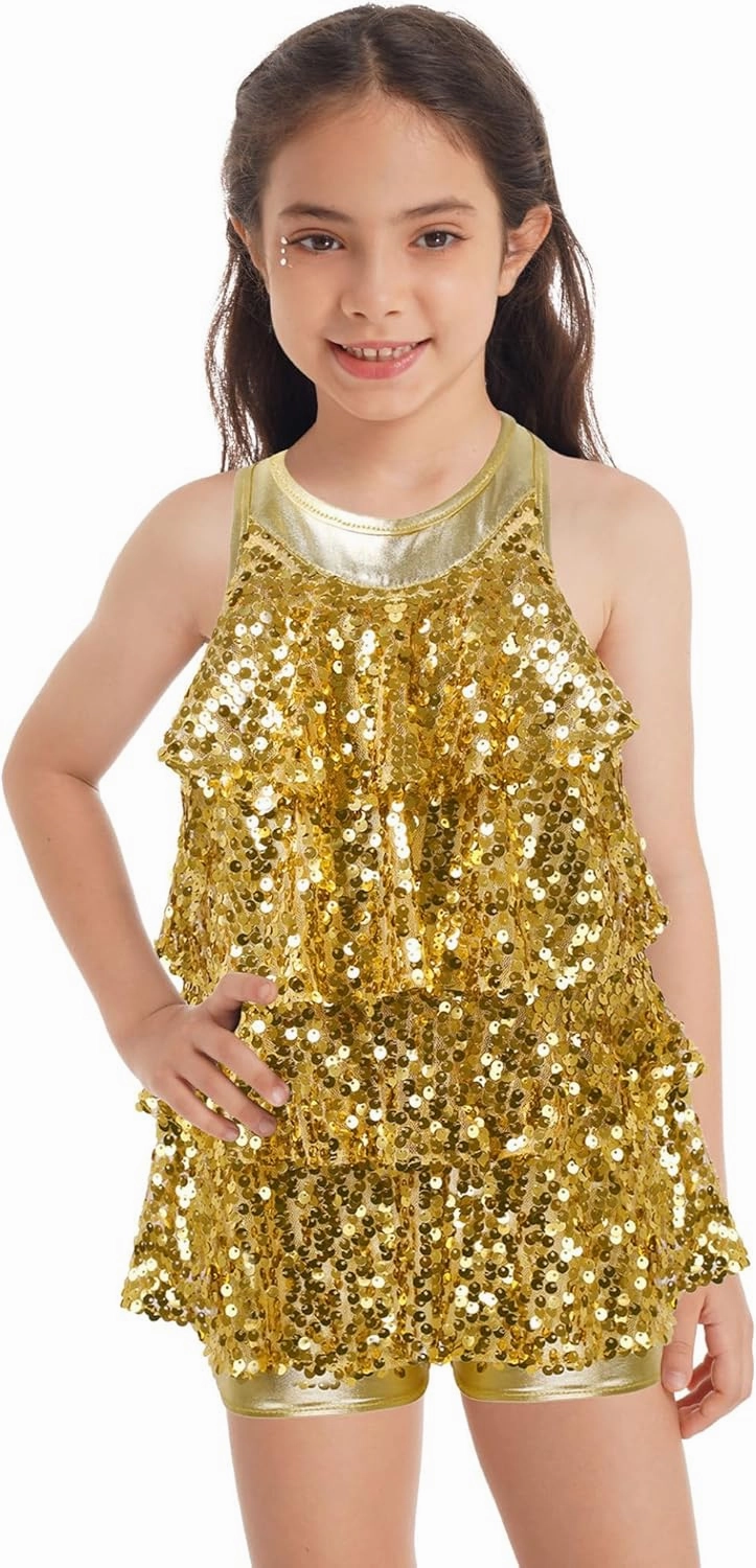 Kids Girls Sequins Shiny Ballet Dance Dress Hip Hop Jazz Unitards Samba Rumba Stage Performance Costume