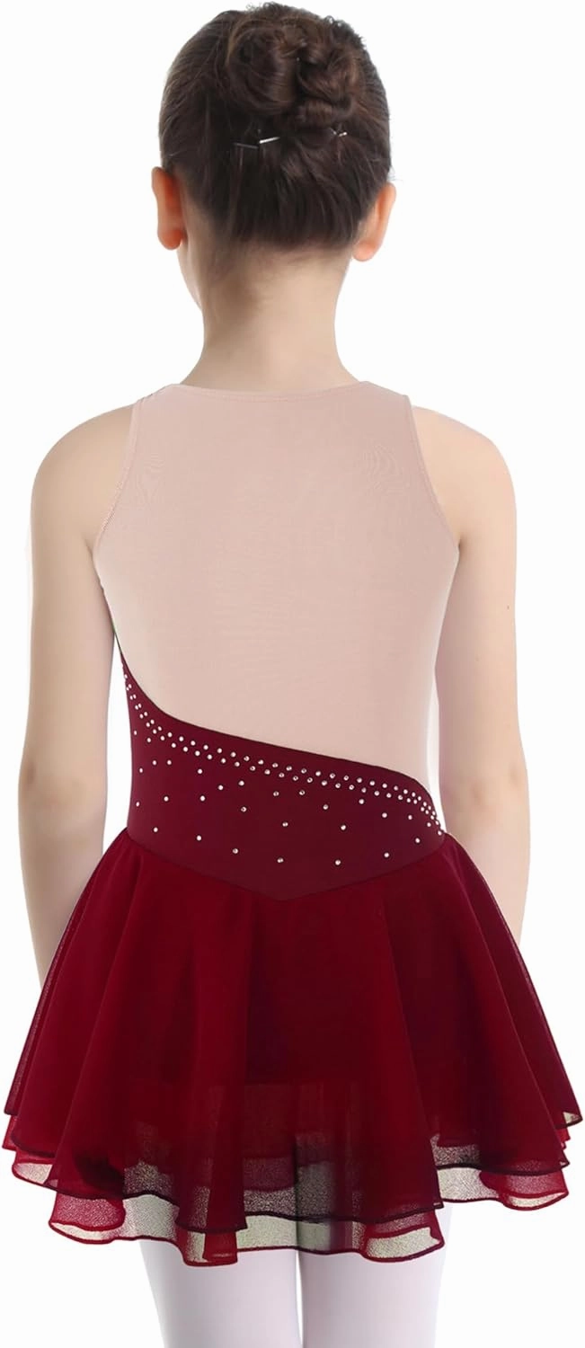 Kids Girls Shiny Rhinestone Sleeveless Figure Ice Roller Skating Dress Competition Dance Costume