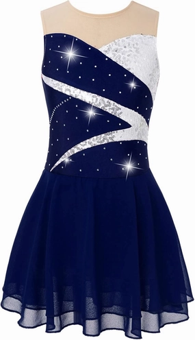 Kids Girls Shiny Rhinestone Sleeveless Figure Ice Roller Skating Dress Gymnastic Tutu Skirted Leotard Costume Dark Blue 8 Years