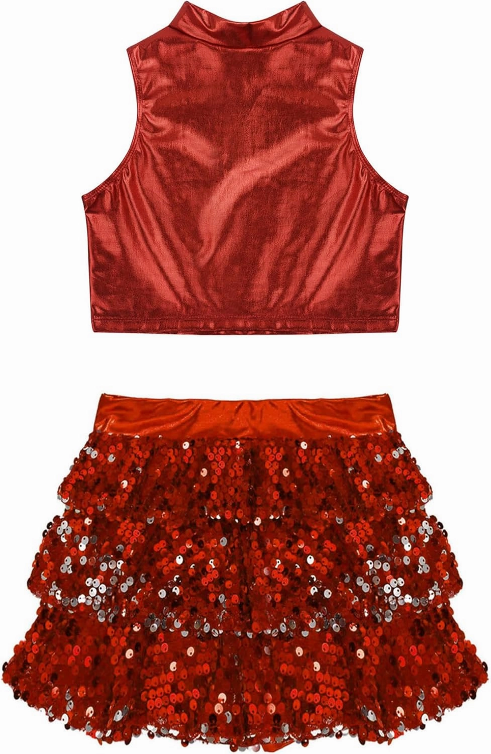 Kids Girls Sleeveless Crop Top with Sequins Skirted Shorts Set Salsa Samba Latin Jazz Dance Ballroom Costume