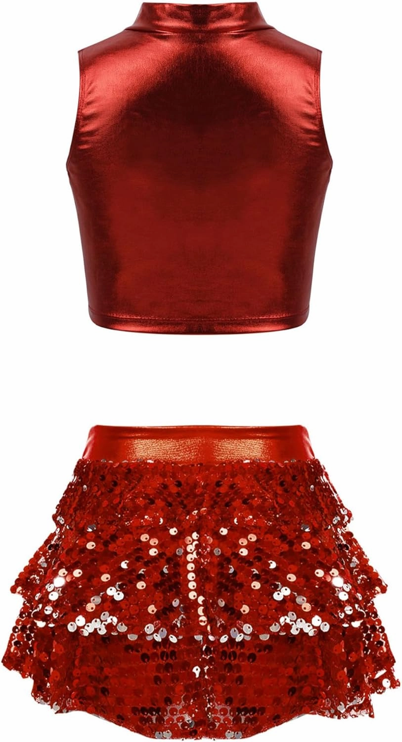 Kids Girls Sleeveless Crop Top with Sequins Skirted Shorts Set Salsa Samba Latin Jazz Dance Ballroom Costume