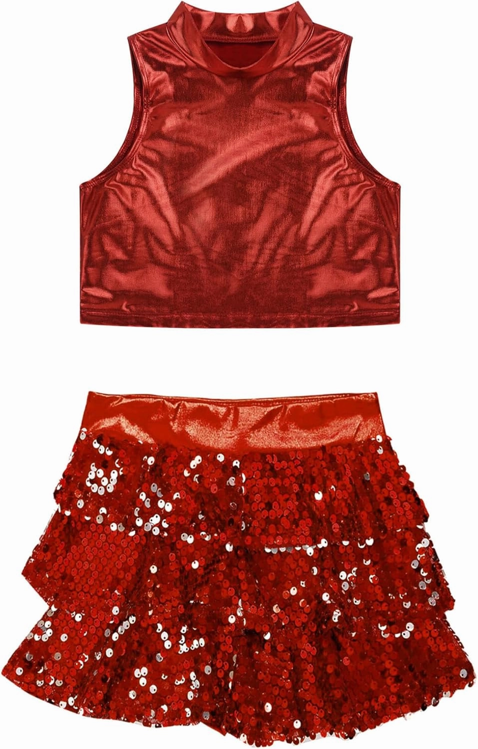 Kids Girls Sleeveless Crop Top with Sequins Skirted Shorts Set Salsa Samba Latin Jazz Dance Ballroom Costume