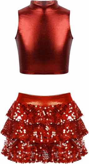 Kids Girls Sleeveless Crop Top with Sequins Skirted Shorts Set Salsa Samba Latin Jazz Dance Ballroom Costume