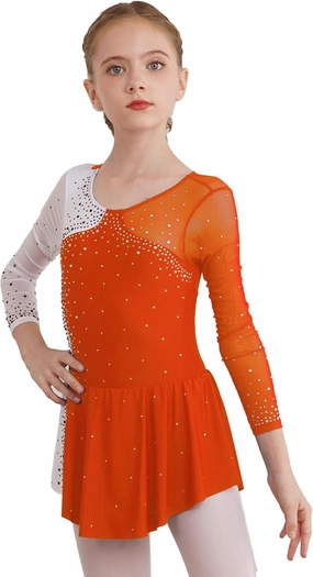 Kids Girls Sparkly Rhinestones Mesh Long Sleeve Figure Ice Skating Dress Ballet Leotard Dress Competition Costume