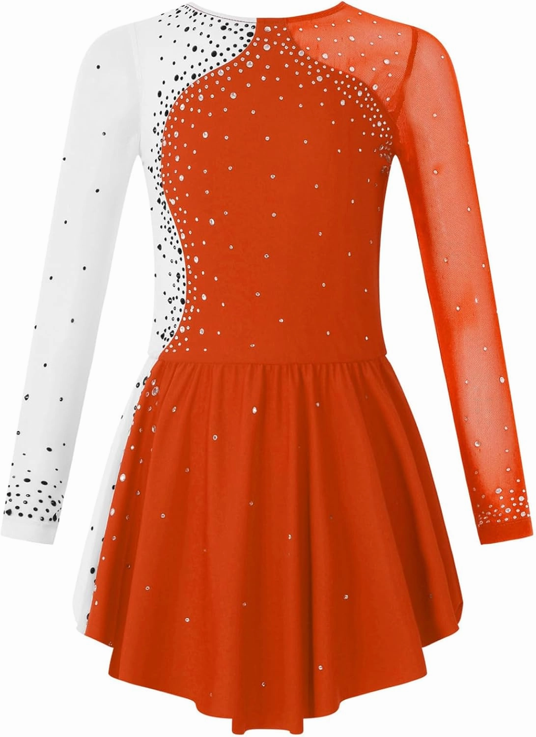 Kids Girls Sparkly Rhinestones Mesh Long Sleeve Figure Ice Skating Dress Ballet Leotard Dress Competition Costume
