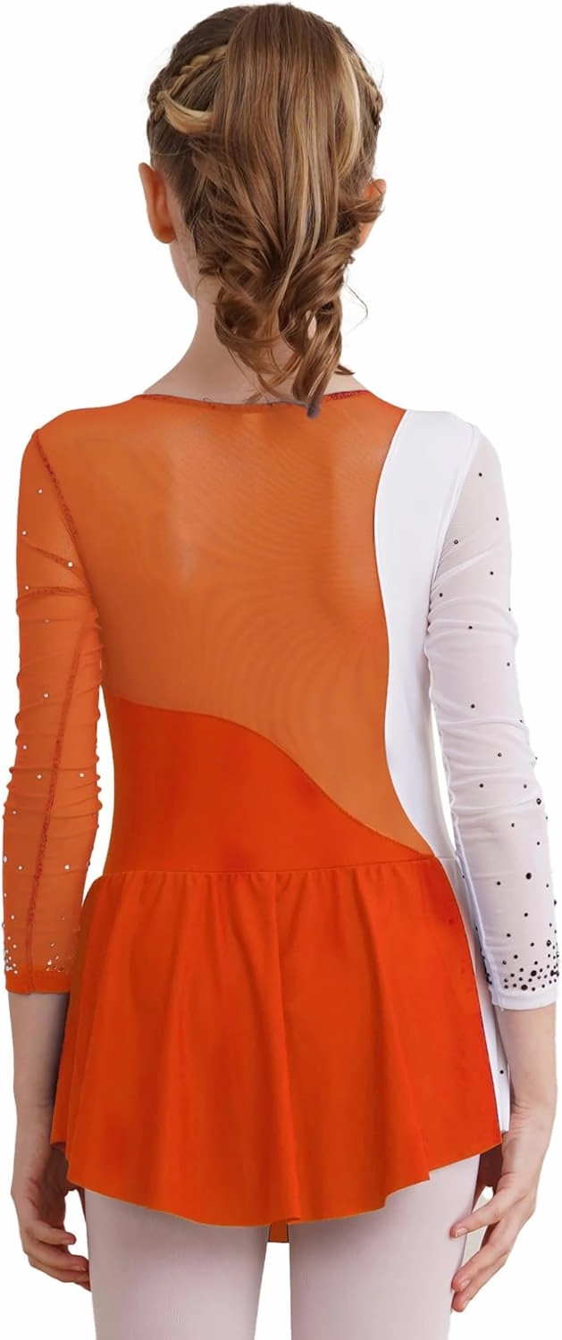 Kids Girls Sparkly Rhinestones Mesh Long Sleeve Figure Ice Skating Dress Ballet Leotard Dress Competition Costume
